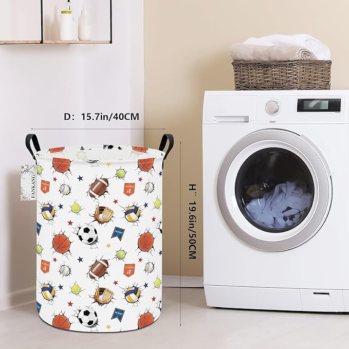 FANKANG Storage Basket, Nursery Hamper Canvas Laundry Basket Foldable with Waterproof PE Coating Large Storage Baskets for Kids Boys and Girls, Office, Bedroom, Clothes,Toys(3D Sports Balls)
