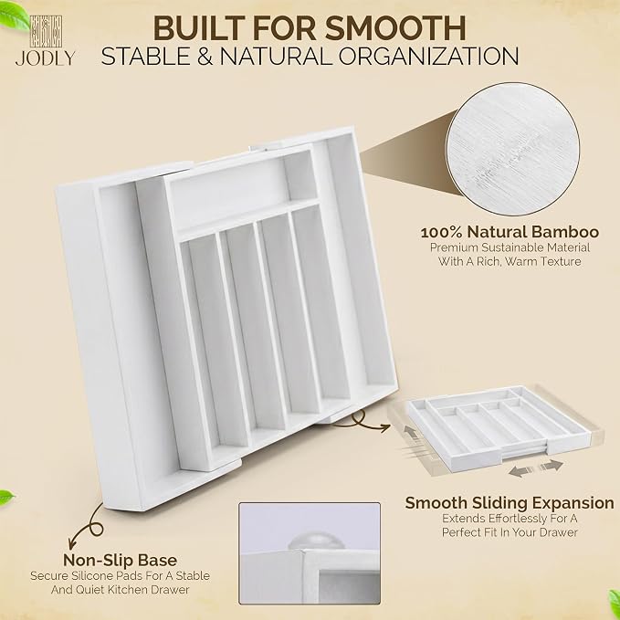 Bamboo Kitchen Utensil Drawer Organizer for Silverware | 100% Natural Expandable 14-20 Inch Kitchen Drawer Organizers for Utensils | Non-Slip Base | Screwed Joints for Long-Lasting Durability
