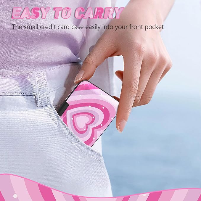 Credit Card Holder, Mini RFID Small Aluminum Card Wallet Business Card Case | Blocking Slim Metal RFID Blocking Front Pocket Wallet Hard Case Durable CC Holder for Women Girls, Pink Hearts