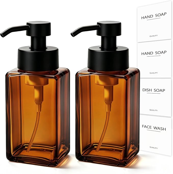 Foaming Hand Soap Dispenser, 12oz/350ml Glass Foaming Soap Dispenser, 2Pcs Foaming Soap Dispenser, Waterproof Labels, for Bathroom & Kitchen, Amber