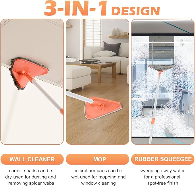 RONSUNG Wall Cleaner Mop, 82-Inch Handle, Baseboard Cleaner Tool, 6 Pads | Wall scrubber with long handle, triangle head, squeegee, and 6 pads for walls, ceilings, windows, baseboards, and floors