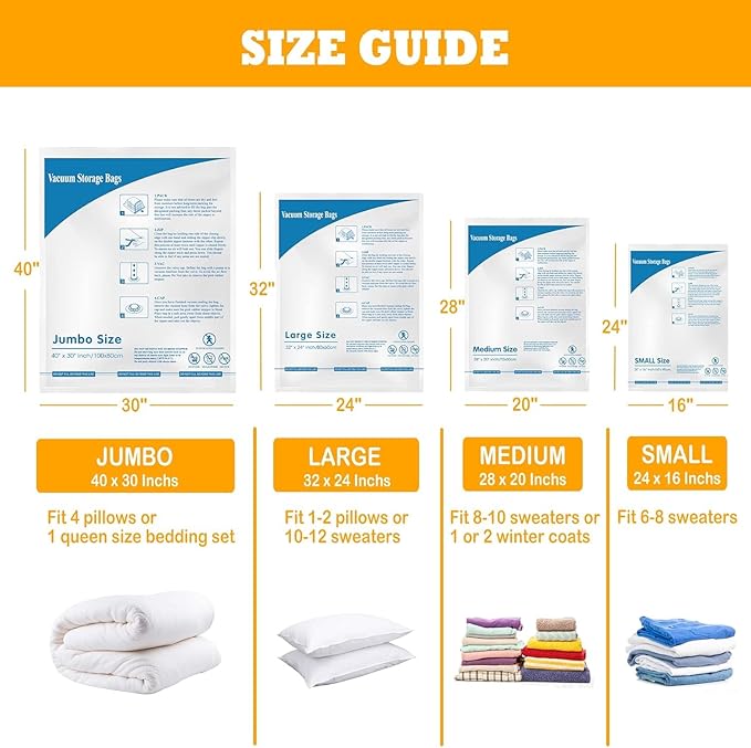 MEIQIHOME Vacuum Storage Bags, Space Saver Sealer Bags,Vacuum seal bags for clothing, Pillows, Comforters, Blankets, Bedding,Travel,8 MEDIUM