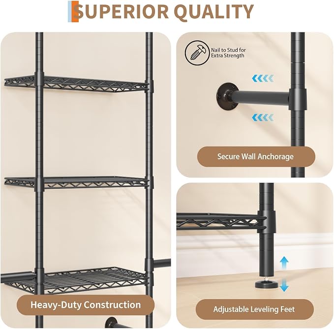 Garvee L2 Wall Mounted Pipe Closet System, Matte Black | Carbon Steel, Expandable Rods 23.62-35.43 in, 3 Wire Shelves, Closet Organizers and Storage