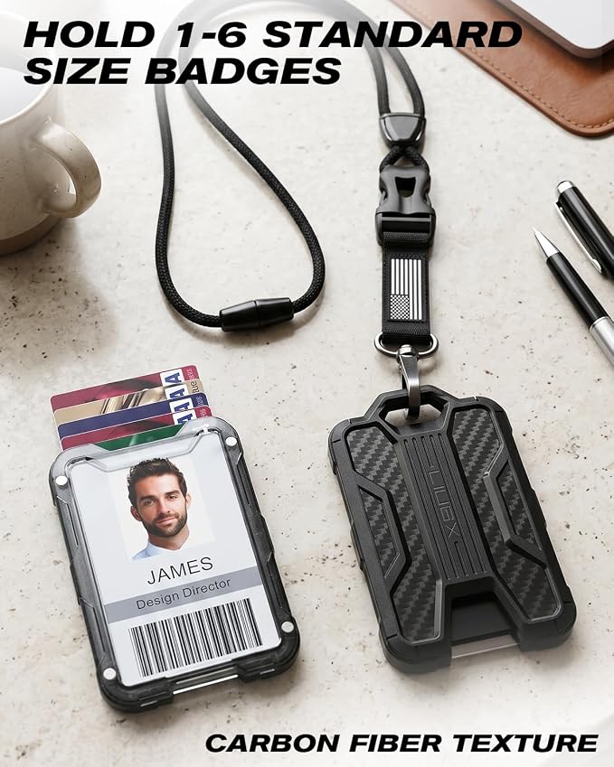 LIUGX Badge Holder with Breakaway Lanyard, Carbon Fiber-Texture, 6 Cards | American Flag, Quick Release Detachable Buckle, Metal Clip, Heavy Duty ID Card Holder, for Work, Office, All Pink
