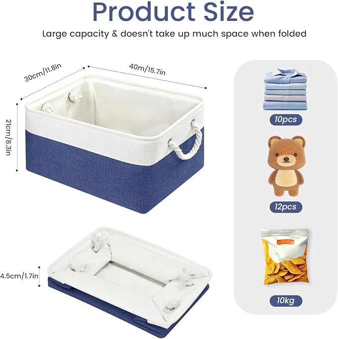 Large Storage Baskets- 15.7x11.8x8.26 inch Storage Bins for Shelves and Closet Organizing, Foldable Fabric Bin for Home Organization Clothes and Laundry (6-Pack, White&Blue)