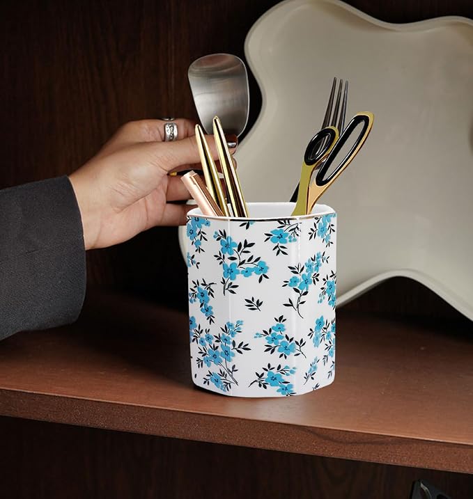 Pen Holder, Makeup Brush Holder Ceramic Shiny Gold Spring Floral Pattern Pencil Cup for Girls Kids Women Durable Stand Desk Organizer Storage Gift for Office, Classroom, Home (Teal Blue)