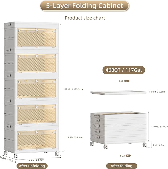468 QT / 117 Gal Large Foldable Storage Cabinet with Wheels - Extra Capacity, Transparent Front & Back Doors, One-Pull Assembly, Silent Casters for Garage/Stockpile (PP Material)