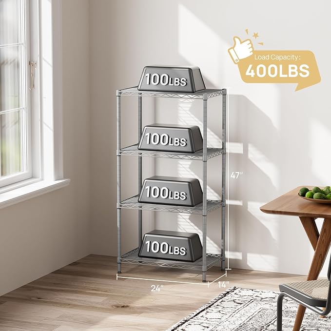 SINGAYE 4 Metal Shelves Wire Shelving Storage Shelf Adjustable Unit Pantry | 4 Tier Kitchen Laundry Room Organization Home Pantry Closet Bathroom Organizers Garage Rack 14" D x 24" W x 48" H Gray