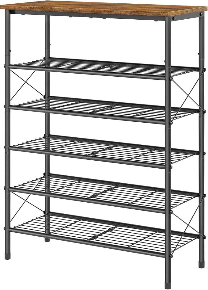 Tajsoon 6 Tier Shoe Rack Organizer for 20-24 Pairs of Shoes, Metal Mesh Shoe Shelf for Closet, Industrial Shoe Rack for Entryway Shoe Storage with X Shape Fixed Frame, Rustic Brown & Black