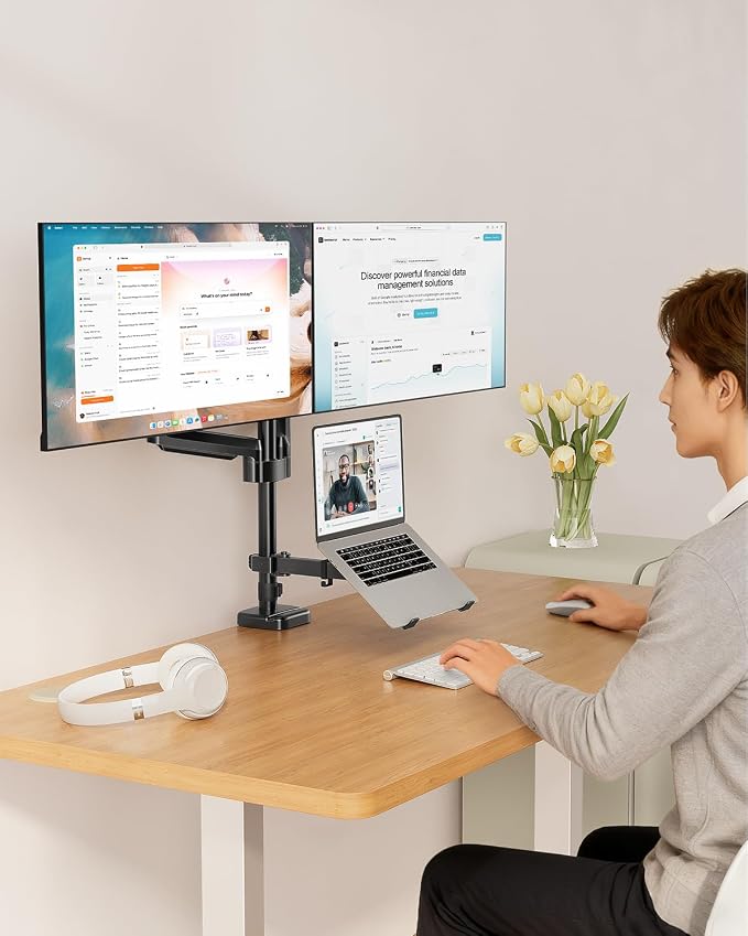MOUNT PRO Monitor and Laptop Mount for 2 Max 27" Computer Screens, Laptop Tray Fits 10-17inch Notebook, 3-in-1 Adjustable Laptop and Monitor Desk Mount with VESA Bracket 75/100mm