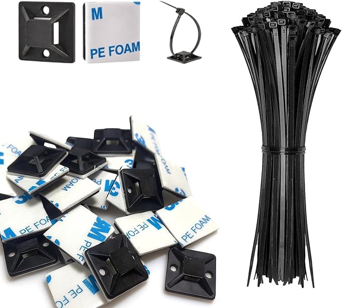 100 Set Cable Zip Tie Self Adhesive Mounts Kit with 6" Zip Ties, 3/4" Wire Holders Squares, Screws - Sticky Wire Fasteners Cable Clips Management Anchors Organizer - Black