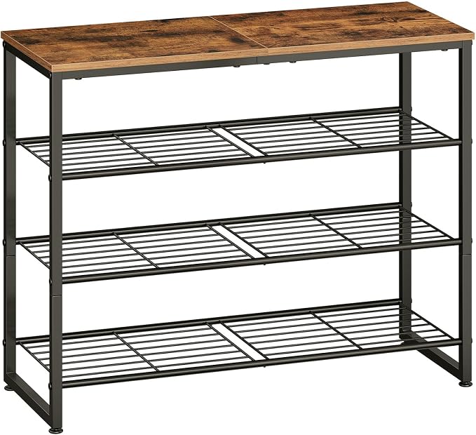 HOOBRO Shoe Rack, 4-Tier Narrow Shoe Organizer for Entryway, Holds 12-16 Pairs of Shoes, Metal Shoe Shelf with Removable Tier, Adjustable Feet, for Closet and Hallway, Rustic Brown and Black BF49XJ01