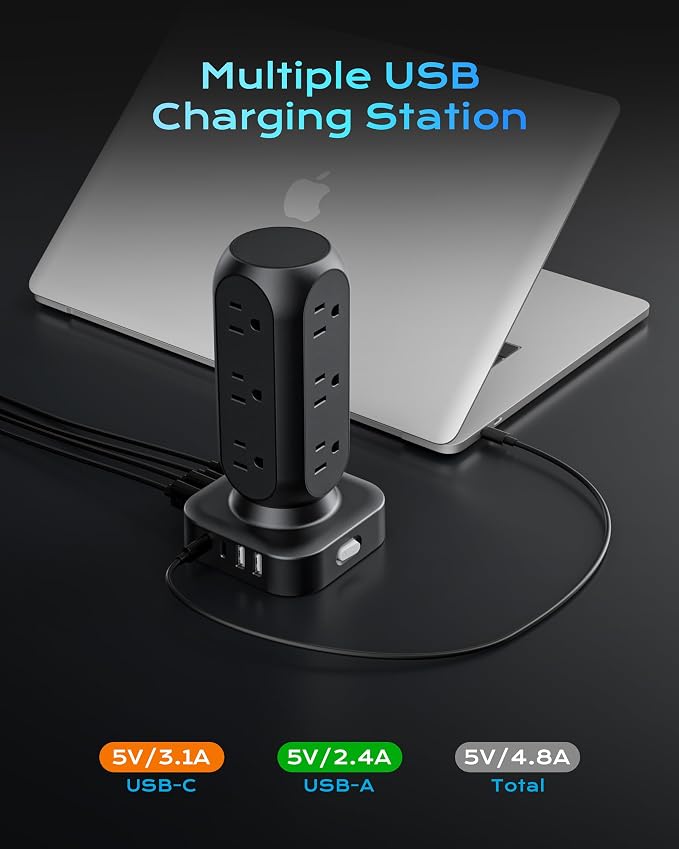 TenTrend Power Strip Tower, 4.8A Fast Charging Tower, 5 FT Extension Cord | 12 AC Outlets & 8 USB Ports (4USB-C), Flat Plug Charging Station for Home, Office, Dorm Room