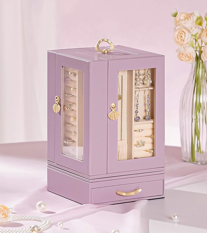 Enthralite Luxury Jewelry Box for Women: 360° Rotating with Clear Window | Compact Jewelry Storage with Drawer - Necklace Ring Organizer with Compartments - Elegant Earring Holder Display Great Gift