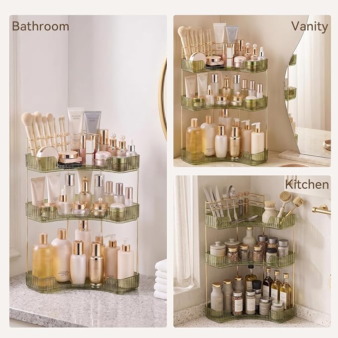 3-Tier Corner Bathroom Counter Organizer with Makeup Brush Holder, Green | Large Makeup Organizers for Vanity, Corner Bathroom Countertop Organizer for Cosmetic Perfume Skincare Storage