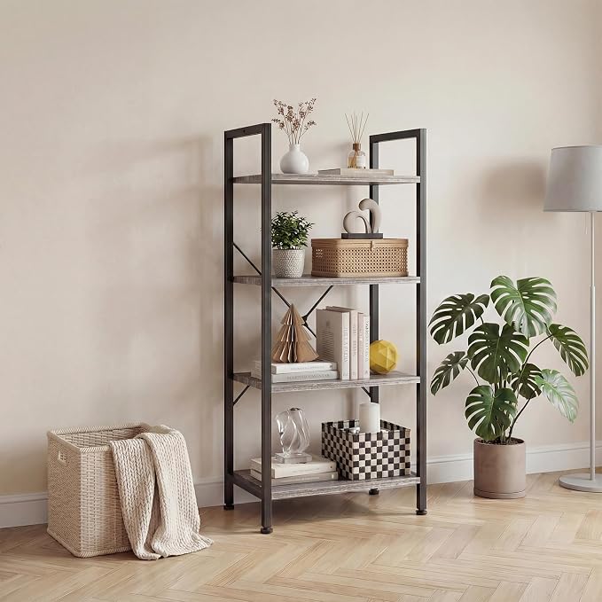 DUMOS 4 Tiers Open Bookshelf, Classic Freestanding Tall Display Shelf, Multifunctional Storage Organizer Rack for Living Room Home Office, Sturdy Bookcase for CDs/Books/Movies, Wood Grey