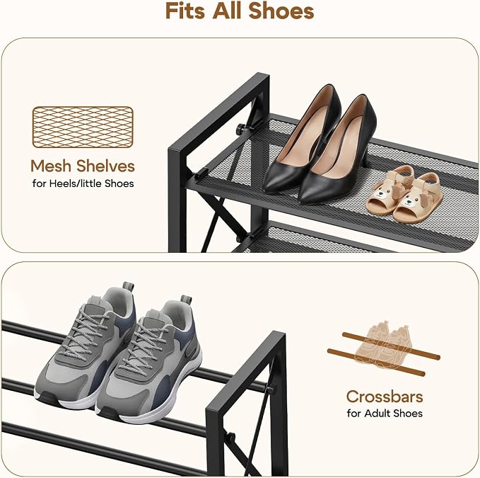 YEASHEIN 4-Tier Expandable Shoe Rack Organizer with Wire Mesh Shelf - Black | Sturdy Metal Shoe Shelf with 5-Tier Storage, Adjustable Shoe Stand, Free Standing Shoe Rack for Closet, Entryway, Garage