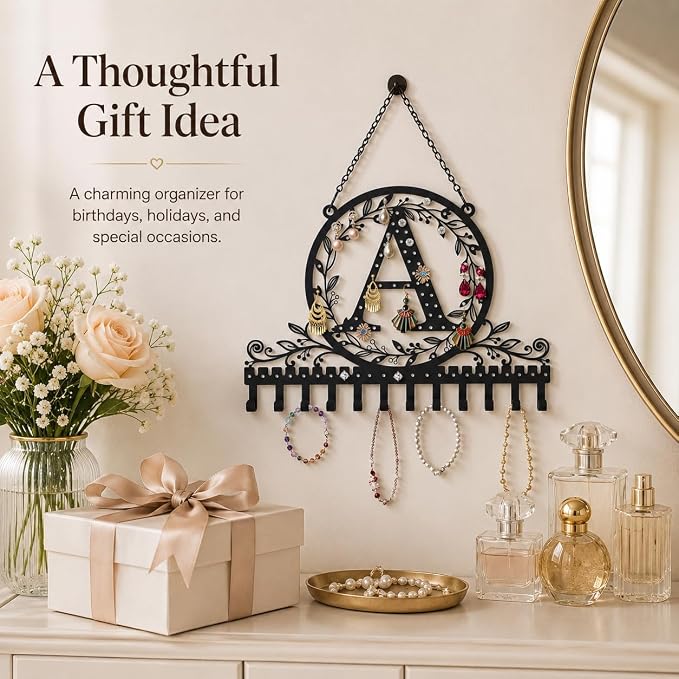 Personalized Wall Mounted Metal Initial Letter A Earring Holder Jewelry Organizer for Earrings and Necklaces Space Saving Wall Display with Hooks Jewelry Storage Bedroom Vanity Gift for Women