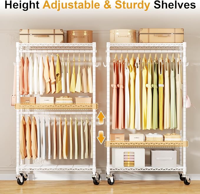 ULIFHOME P1 Rolling Clothes Rack Heavy Duty, Metal Closet Clothing Rack with Lockable Wheels, Portable Wardrobe Closet for Hanging Clothes, 35.5" W x 15.7" D x 80.5" H, Hold 500lbs, White