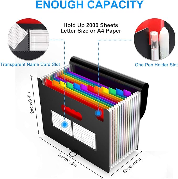2 Pack Expanding File Folder with Blank Label, 12 Pocket Accordian File Organizer Document Storage Organizer, Desktop Accordion Folders File Keeper A4 Letter Size for Home School Office