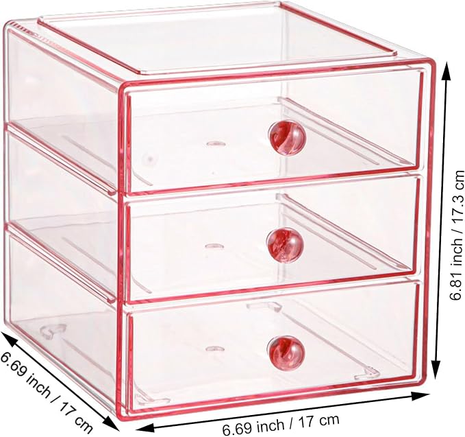 AJIODA Makeup Drawer Organizer Box with 3 Drawers, Acrylic Cosmetic Display Case Vanity Organizer Jewelry Storage Box Stackable Storage for Cosmetics, Skin Care, Bathroom, Countertop, Pink