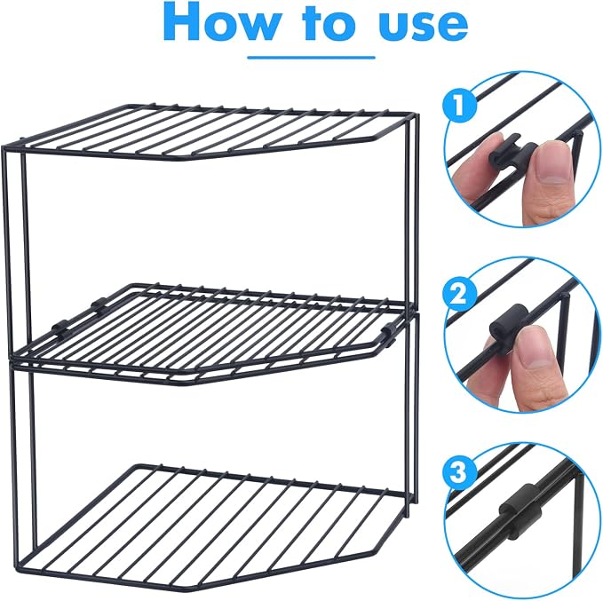 AKAZA 2Pcs 2-Tier Corner Stackable Organizer Shelf for Kitchen - Cabinet Storage Shelf Rack, Shelves，Kitchen Counter and Cabinet Shelf, Storage Rack Organizer (Black)