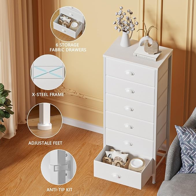 Furnulem White Dresser for Bedroom, 6 Fabric Drawers Chest of Drawers | Tall Skinny Dresser for Closet, Vertical Storage Tower Unit, Tall Nightstand for Dorm, Living Room, Metal Frame, Wooden Top