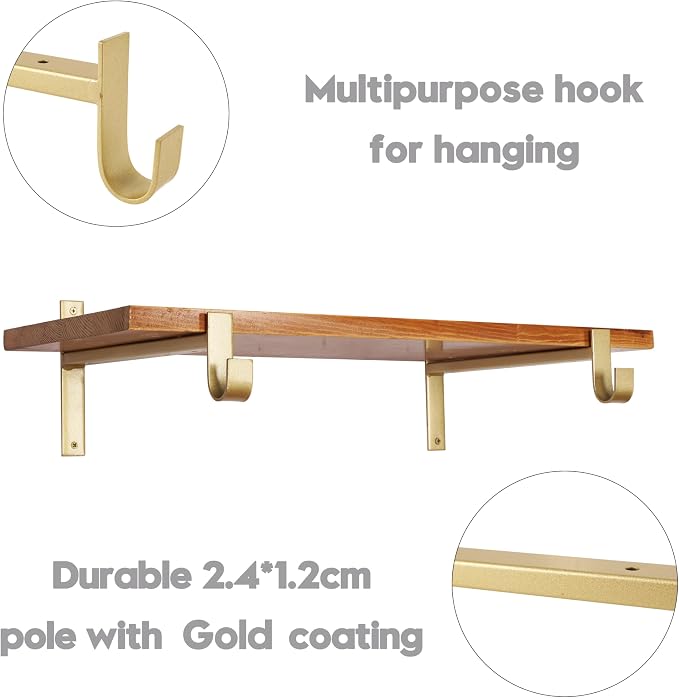 AddGrace Closet Rod Bracket Heavy Duty Shelf Brackets Gold 12 Inch 4 Pack | Fit for Closet Wardrobe Laundry Room and Kitchen, with Hook, Store Above and Hang Below, Supports 66 lbs, Easy to Install