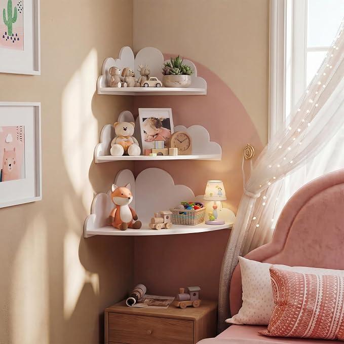 Novabright 3 Pack Cloud Floating Corner Shelves, 9/10/12 Inch Wall Mounted Corner Shelves for Room & Nursery Decor, Cute Cloud Display Shelf for Storage, Plants, Books & Small Decor