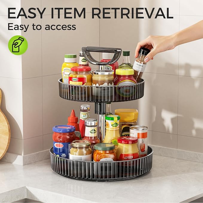 2-Tier Rotating Organizer with Handle – Adjustable Shelf, 360° Lazy Susan Turntable for Kitchen Countertop, Bathroom, Pantry – Multi-Functional Storage for Spices, Cosmetics, Snacks, Fruits