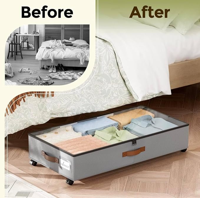 Under Bed Storage with Wheels 2 Pack, Rolling Under-Bed Metal Drawer, Low-Profile Organizer Bin for Clothes, Shoes & Blankets