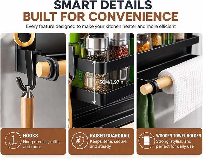 Magnetic Refrigerator Spice Rack Organizer, 2 Layer Kitchen Shelf with Paper Towel Holder, Fridge Side Storage for Seasoning Bottles, No Drill Rack