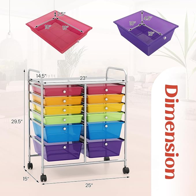 Moccha 12-Drawer Rolling Storage Cart - Utility Cart on Wheels with Lockable Casters for Craft Art Supply Paper Salon, Mobile Drawer Carts for Classroom Teacher School Office (Rainbow)