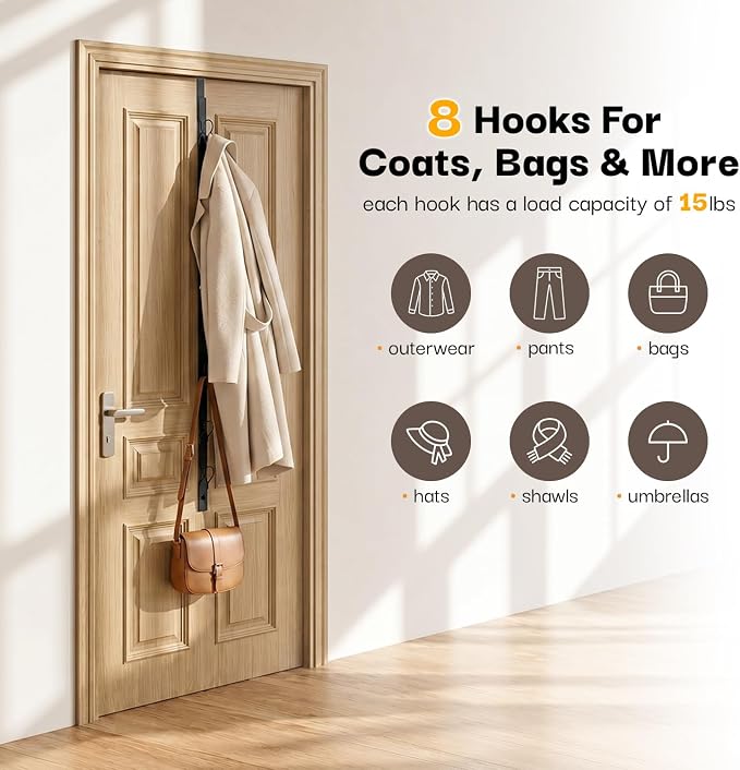 TOMIR Over The Door Hooks with 8 Hooks, Metal Long Hooks for Hanging, Behind Door Towel Rack, Purse, Coat Hanger, Non-Slip Pads with Suction Cups, Space-Saving Vertical Organizer, 37.2 Inches Black