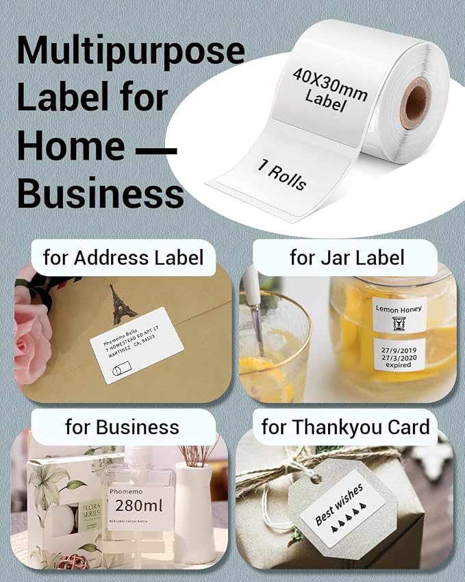Phomemo Thermal Labels-for M110/M100/M220/M221/M108,1.57"x1.18"(40x30mm),Name Labels for Kids/School, 230 Labels/Roll, for Barcode/Address/Mailing/Logo/Business/Home | Square Name Stickers for Kids/School, 1 Roll, for Barcode/Address/Organization/Logo/...