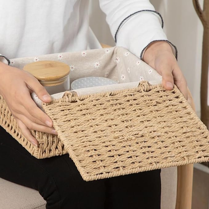 1PC Woven Storage Basket with Lid for Closet Shelf-Khaki Large | Bathroom, Closet & Shelf Storage Basket, Sewing & Towel Basket, Blanket & Toy Storage, Woven Basket with Liner