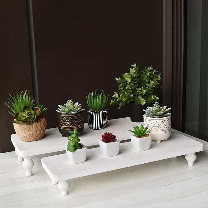 Ikee Design 2 Pcs Set Wooden Display Riser, Cupcake Dessert Display Riser, Countertop Centerpiece Dessert Serving Stand, Artificial Plant Stand for Garden Decor, Wash White Color