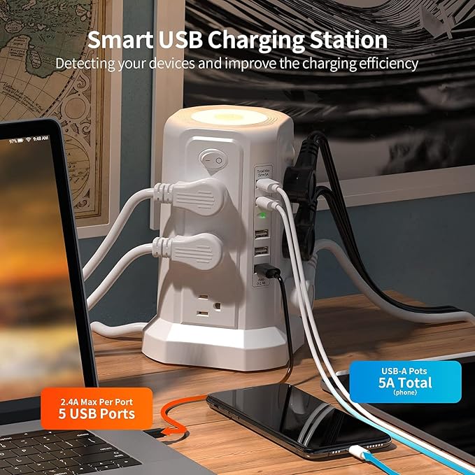 Surge Protector Power Strip Tower with 5 USB Ports and Night Light, 10FT Extension Cord with 12 AC Multiple Outlets, PASSUS Power Tower, Overload Protection for Home Office Dorm Room (2PC-White+Black)