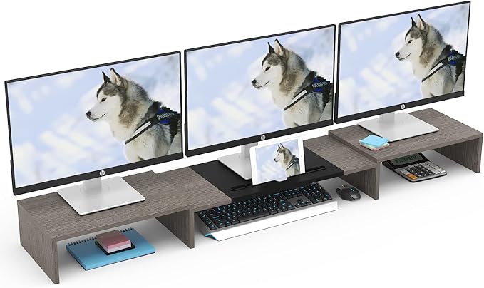 WESTREE Triple Dual Monitor Stand Riser, 56" Extra Long Monitor Stand for 1~2~3 Monitors, Monitor Stand with Length and Angle Adjustable, 3 Shelf Desktop Organizer Riser for Monitor Computer Laptop