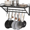 YATINEY Wall Mounted Pot Rack, 23.8 Inch Pot and Pan Organizer with 2 Tier Hanging Rails, 12 S-Hooks, Metal Pot Rack for Kitchen Cookware Organizer, Space Saving, for Kitchen Utensils, Black PR01BK