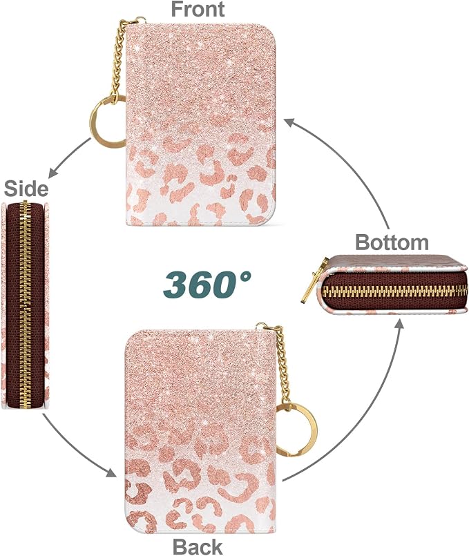 Nipichsha Women's Small RFID Blocking Credit Card Wallet, Pink Gilt Leather, 12 Slots, Zipper Closure