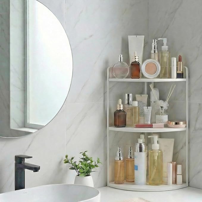 3 Tier Corner Bathroom Counter Organizer, Countertop Organizer, Makeup Organizer Countertop, Bathroom Storage Sink Shelf, Wooden and Metal Counter Shelf (Large Capacity-White)