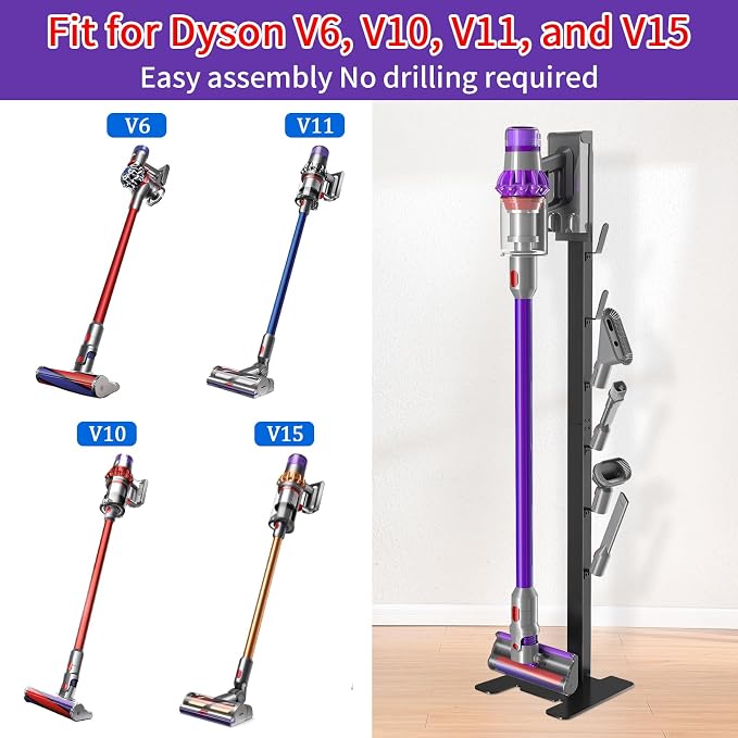 XIGOO Dyson Vacuum Stand for Gen5 Detect V15 V12 V11 V10 V8 V7 V6 | Vacuum Stand for Dyson Cordless Vacuum Cleaners and Accessory, Heavy-Duty Metal Bracket Holder with 6 Hooks, Black