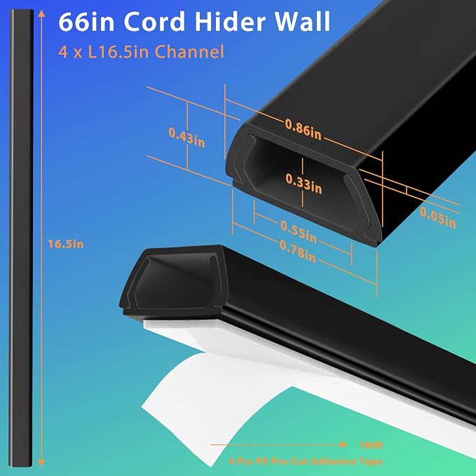 66in Cord Covers for Wires on Wall, Black Wall Cord Hider Hide Cords | Wire Covers for Cords Kit, TV Cable Hider Wall Kit, Easy to Install Cord Cover, Cable Management Wall 4XL16.5inW0.86inH0.43in