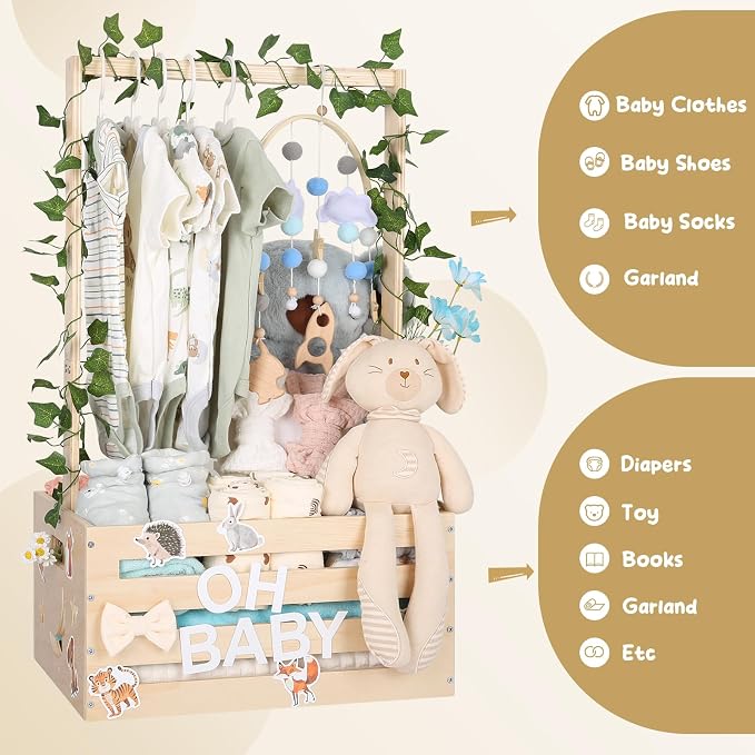 Large Baby Shower Gifts Basket Wooden Crate, Personalized Wooden Letters Hangers New Born Baby Girl Boy Pregnancy Gifts for New Mom Parents Vine Decorations Cute Closet with Adjustable Handle