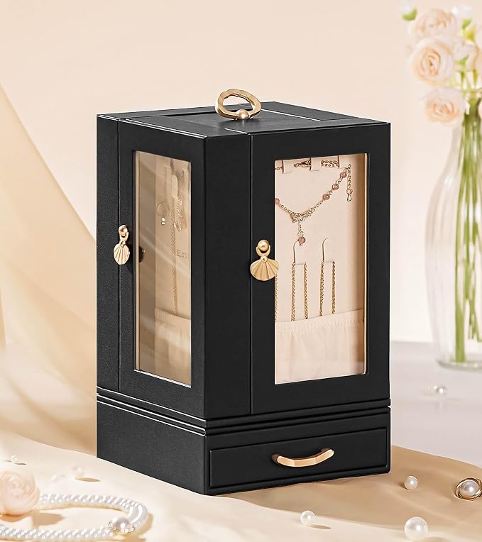 Enthralite Luxury Jewelry Box for Women: 360° Rotating with Clear Window | Compact Jewelry Storage with Drawer - Necklace Ring Organizer with Compartments - Elegant Earring Holder Display Great Gift