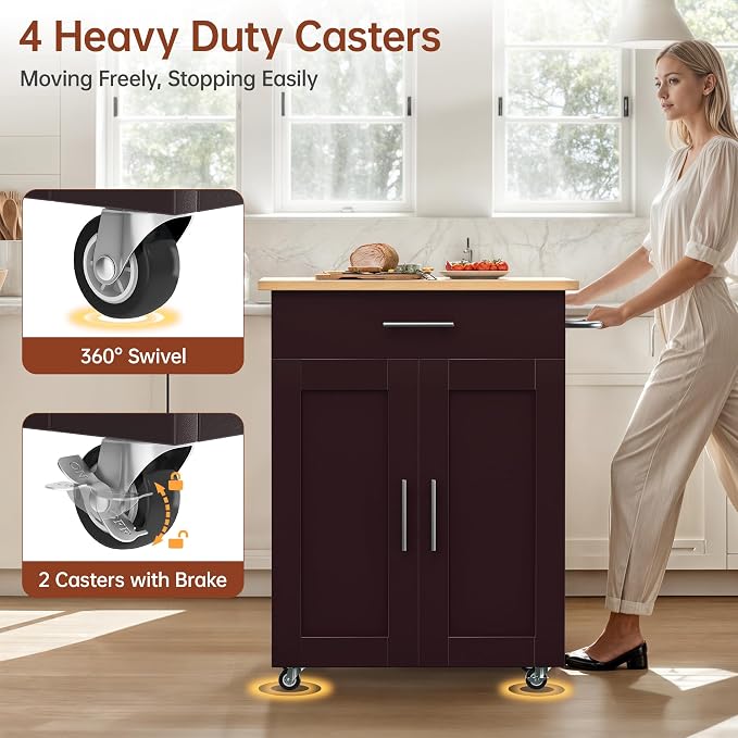 OtterOasis Kitchen Island Cart with Storage, Small Kitchen Island on Wheels with Large Drawer, Adjustable Shelf & Towel Rack, Rolling Island Table for Kitchen & Dining Room, Dark Coffee