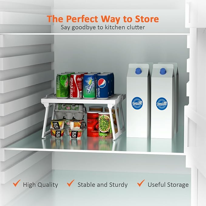 ums Plastic Kitchen Cabinet Shelf Organizer, White Plastic Stackable Freezer Rack, Shelf Riser, Usable Storage Rack for Your Spice, Refrigerator, Pantry (12 X 11 inch) Fridge Shelf Riser Pack Of 2