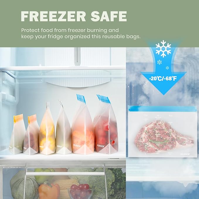 Dishwasher Safe Reusable Storage Bags Stand Up - BPA Free Reusable Sandwich Bags - Leakproof Gallon Freezer Bags for Marinate Meats, Salad Fruit - Multicolor 8 Gallon + 8 Sandwich + 8 Snack Bags