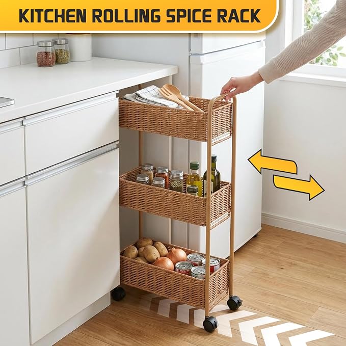 FOCHIER F Utility Slim Storage Cart,3-Tier Rolling Kitchen Office Laundry Room Cart,Mobile Shelving Unit Organizer for Living Room Bathroom Baby Diaper Narrow Places (Natural, 3 Tiers-7.1 inch (W))